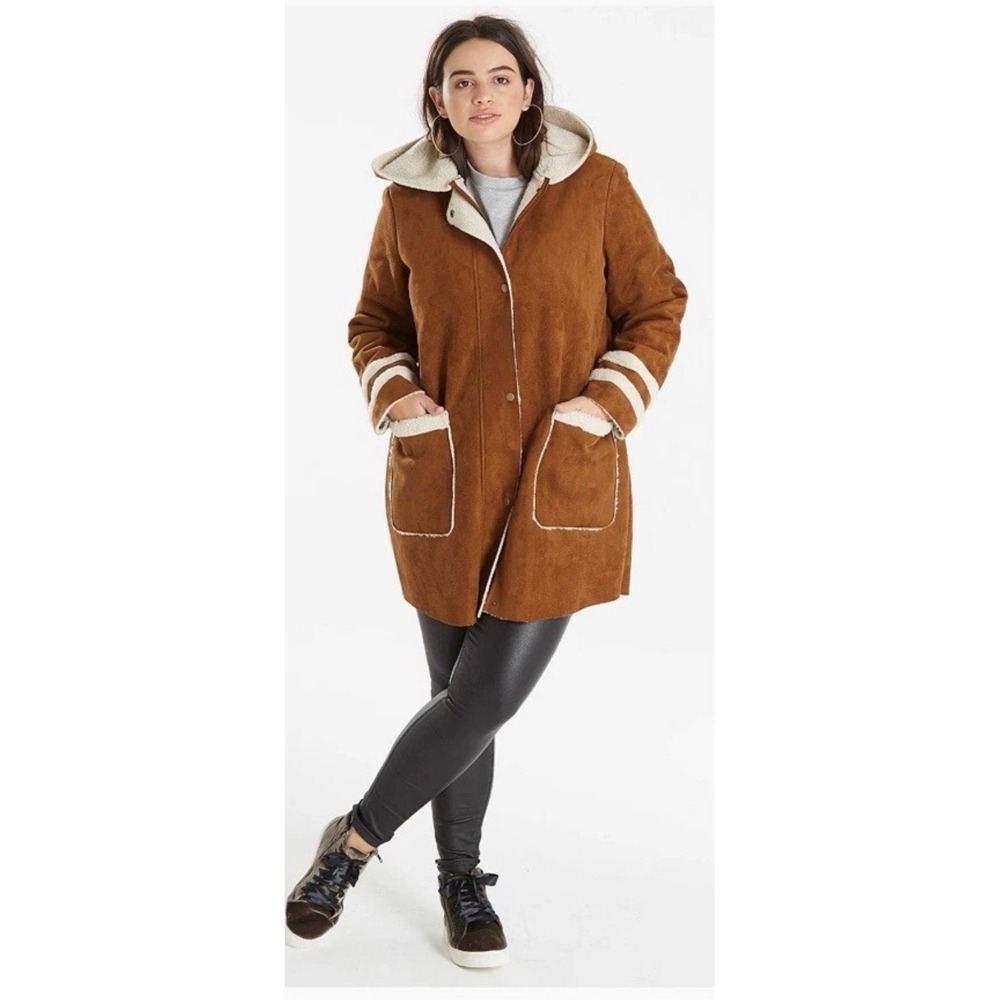 Junarose Brown Faux Suede Shearling Hooded Coat Jacket Women's‎ Plus Size 3X